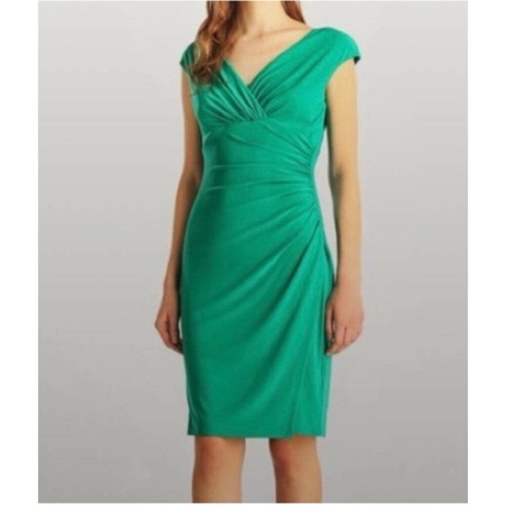 Ralph Lauren Dress 10 Green Washable V Neck Career Church Sleeveless FLAW